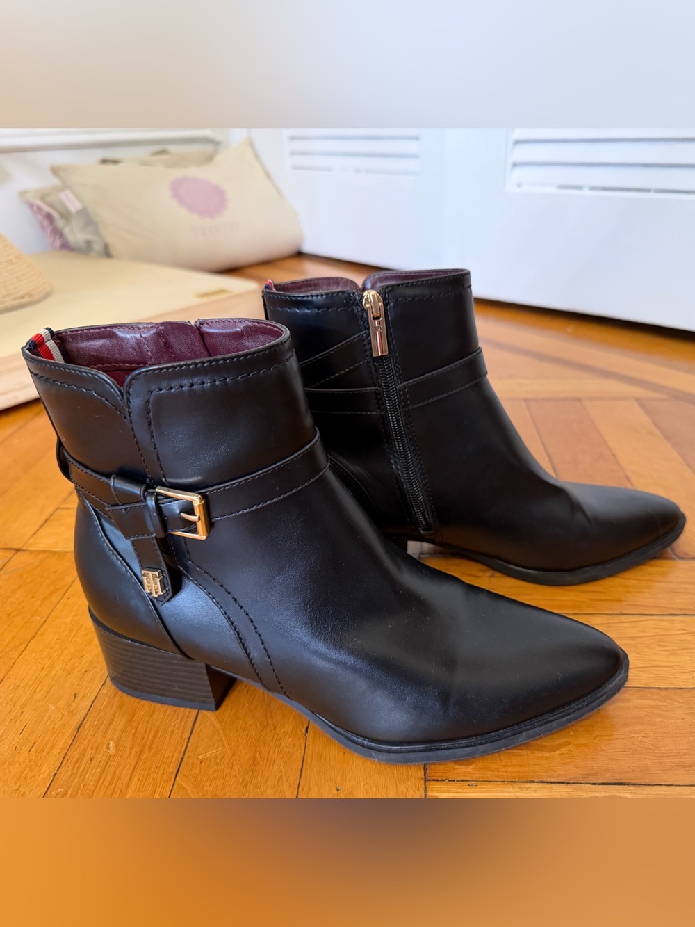 Tommy Hilfiger Black Leather Ankle Booties with Gold Buckle